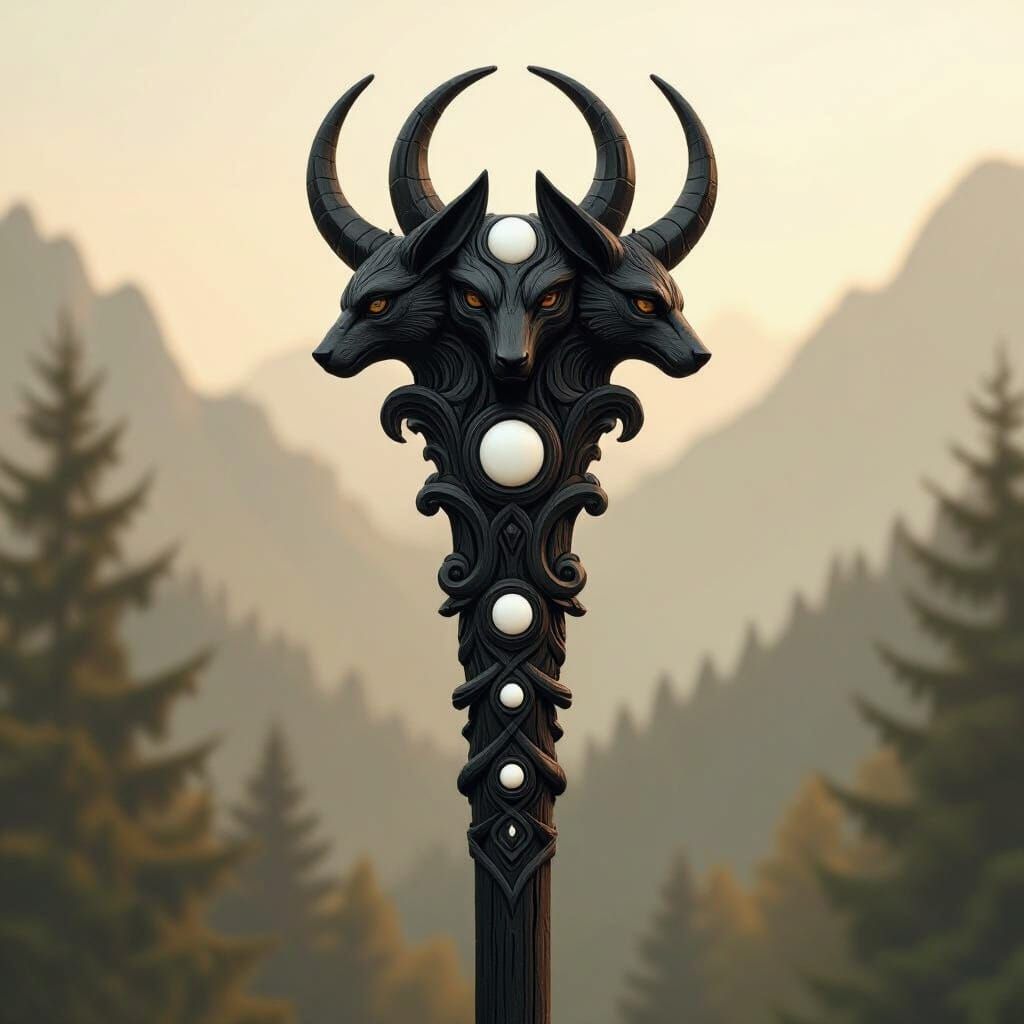 Mystical Staff with Animal Carvings in Fantasy Style