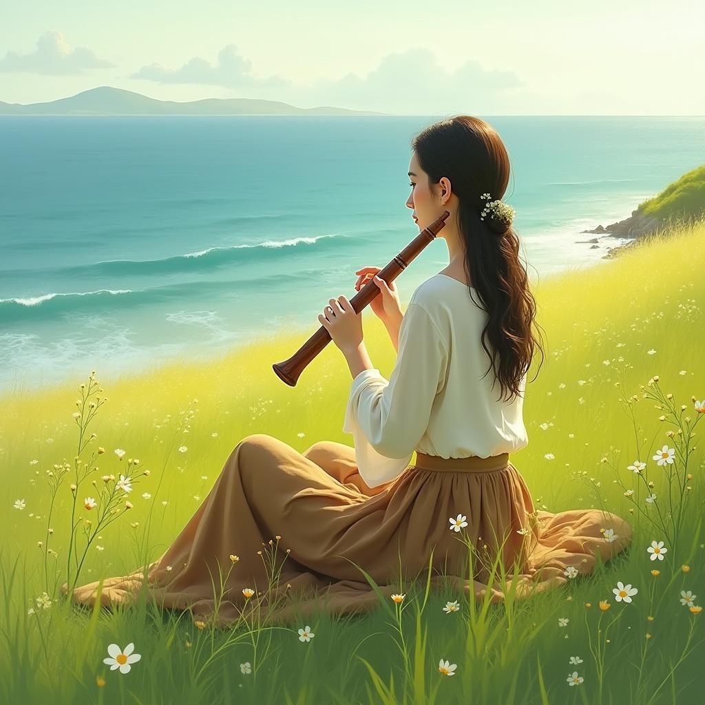 Woman Playing Flute in Field, Impressionistic Style