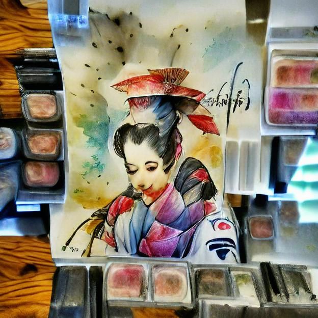 Elegant Japanese Geisha in Watercolor Style
