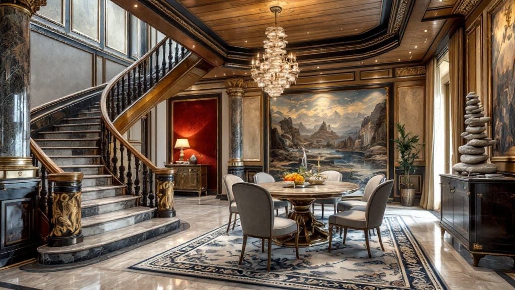 Opulent Interior with Marble Staircase and Sculpture