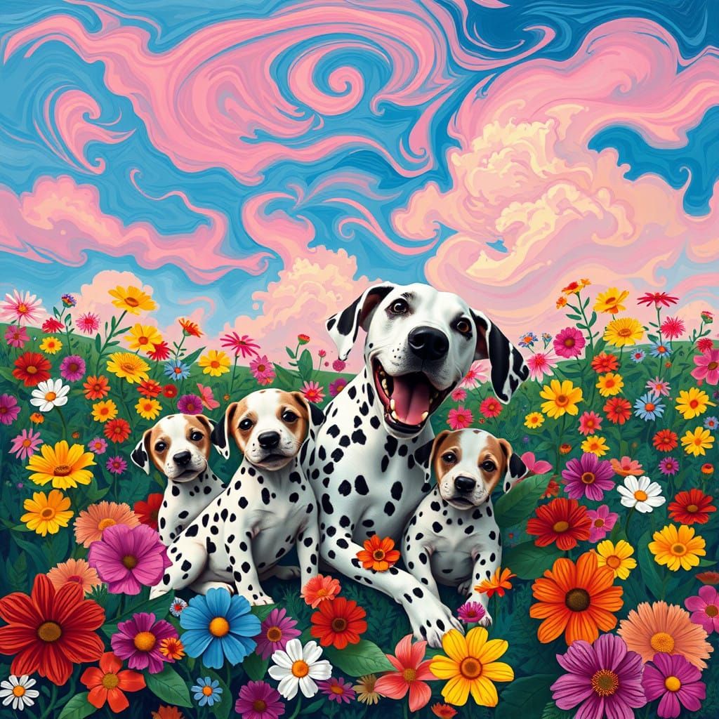 Joyful Dalmatian Family in Vibrant Fauvist Landscape
