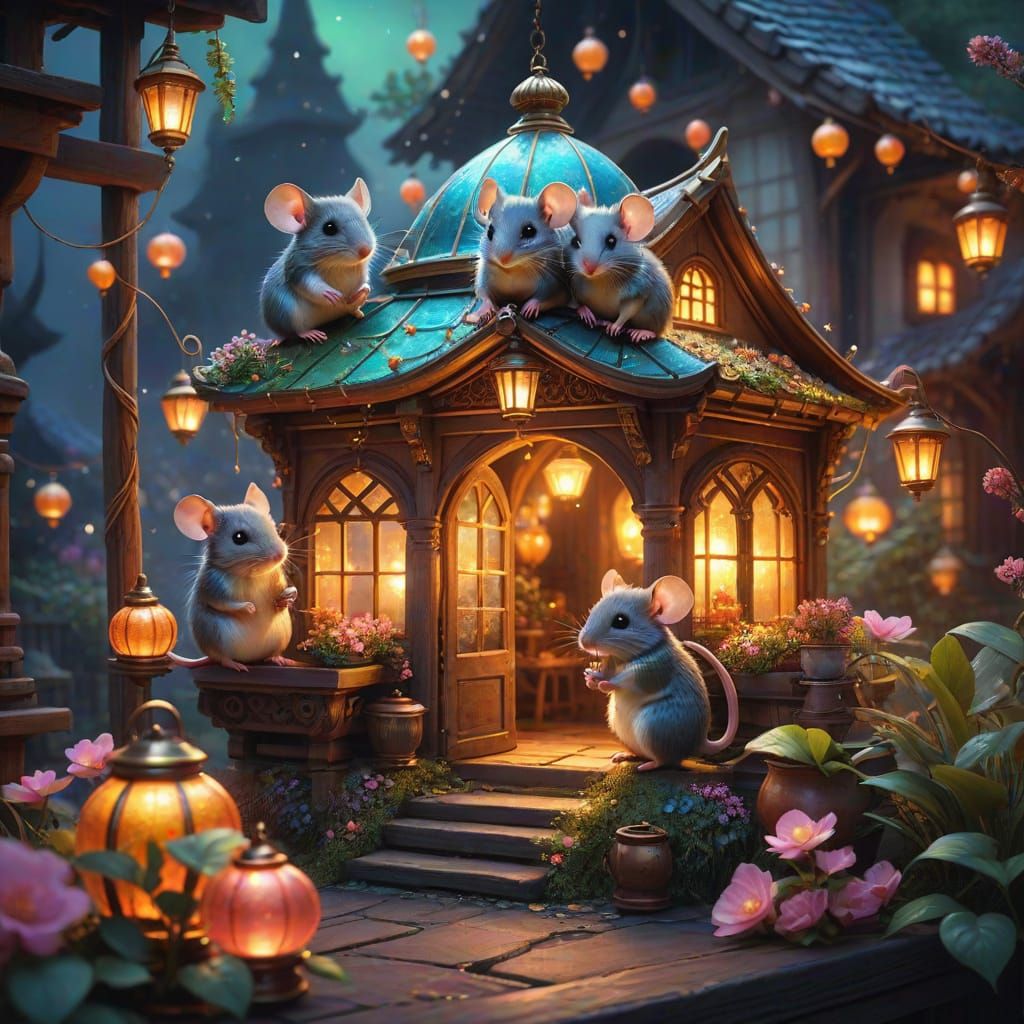 Whimsical Fantasy Mouse Family in a Tea Pot House
