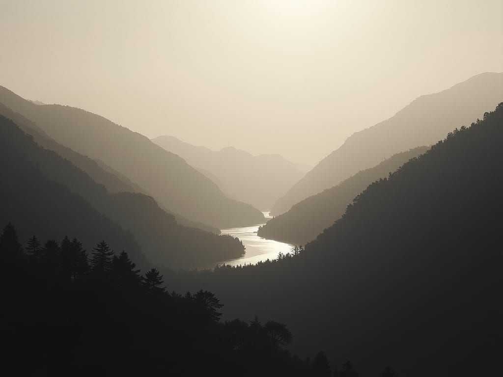 Hudson River Valley Charcoal Drawing in Romantic Style