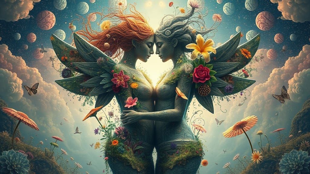 Ethereal Intertwined Figures Revealing Fantasy Landscapes