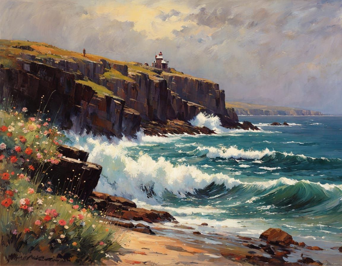 English Asters by the Sea: Oil Painting