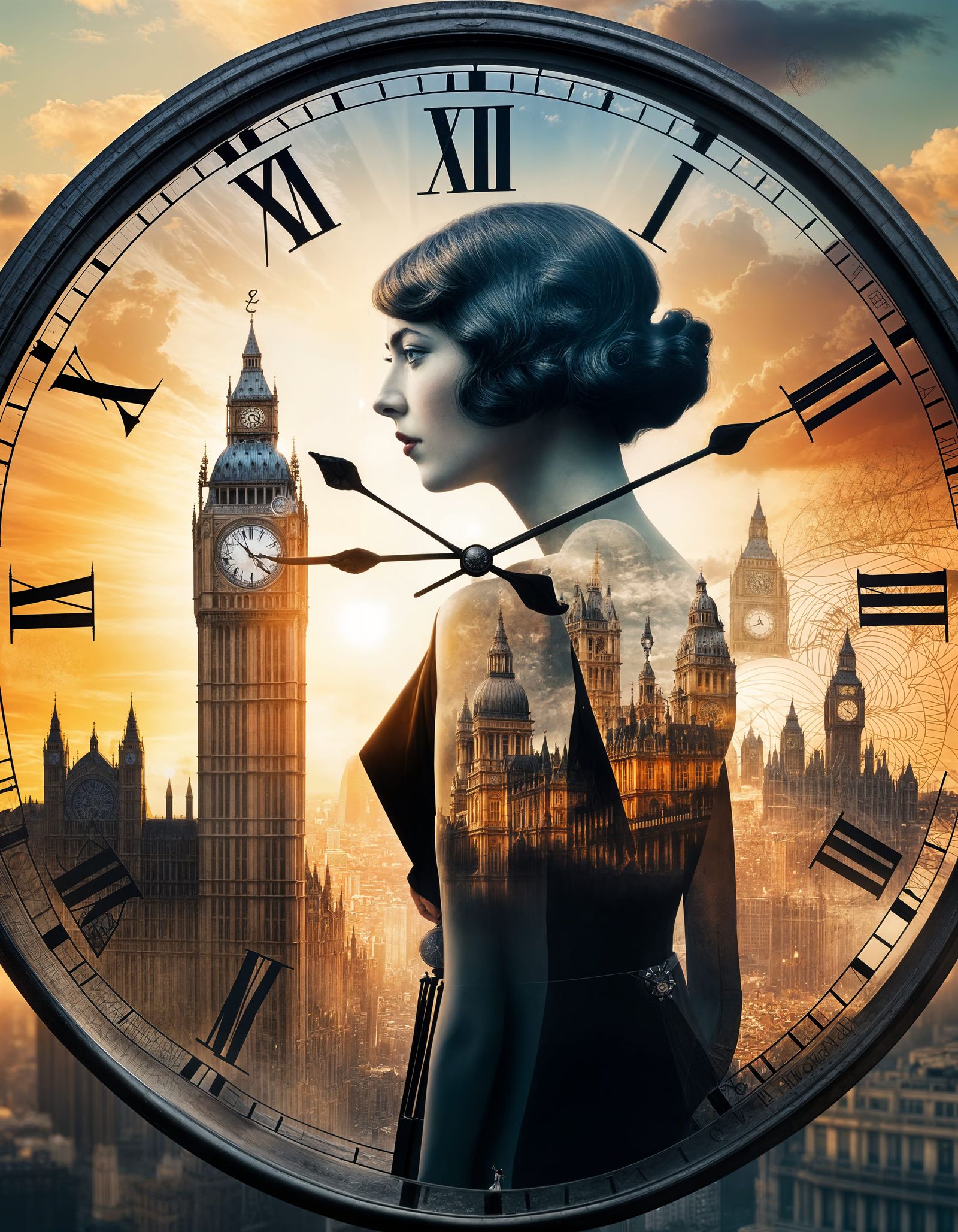 London 1920s Double Exposure: Clock, Cityscape, Sunset