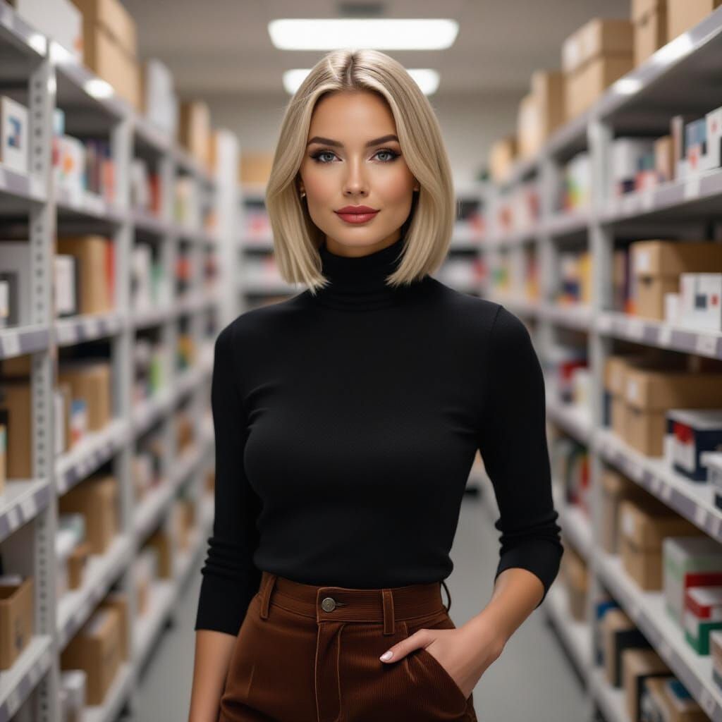 Woman in Office Storeroom, Cinematic Portrait