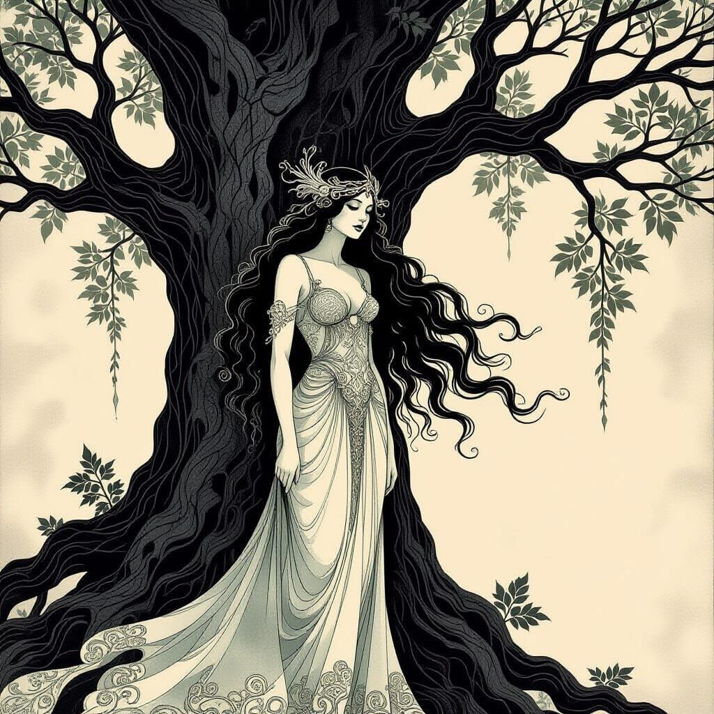 Monochrome Forest Spirit Portrait in Art Nouveau Style