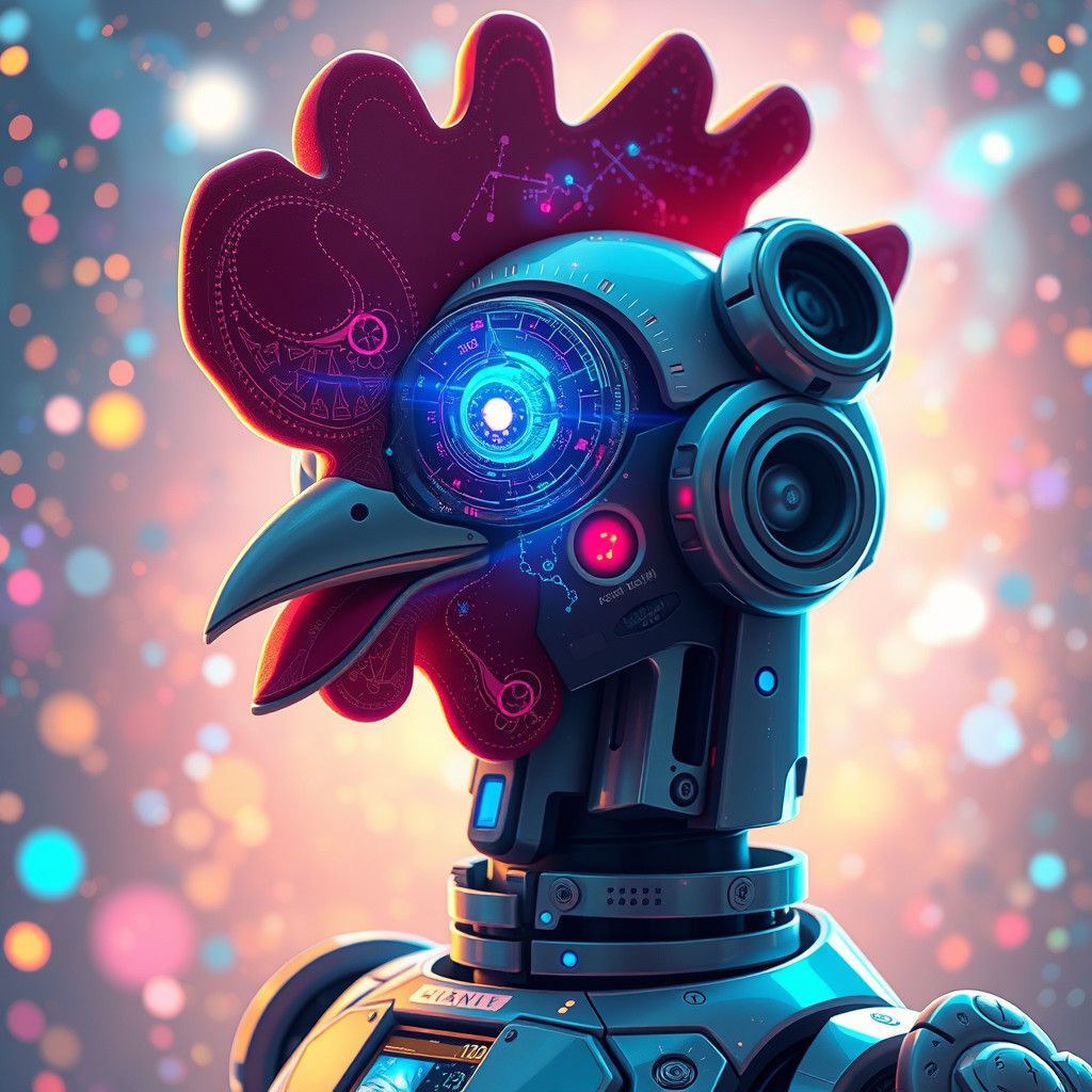 Futuristic Robot Chicken Toy: Holographic Astral Illustratio...