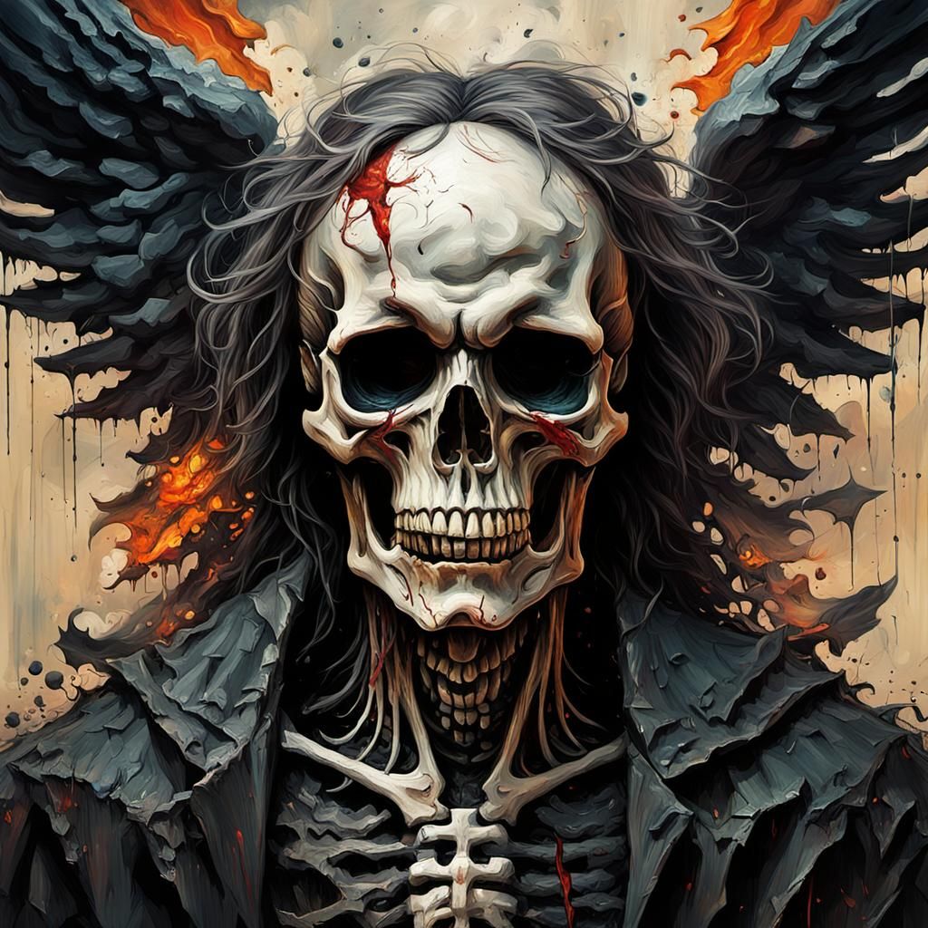 Grotesque Fallen Angel Skull in Gothic Impressionist Style
