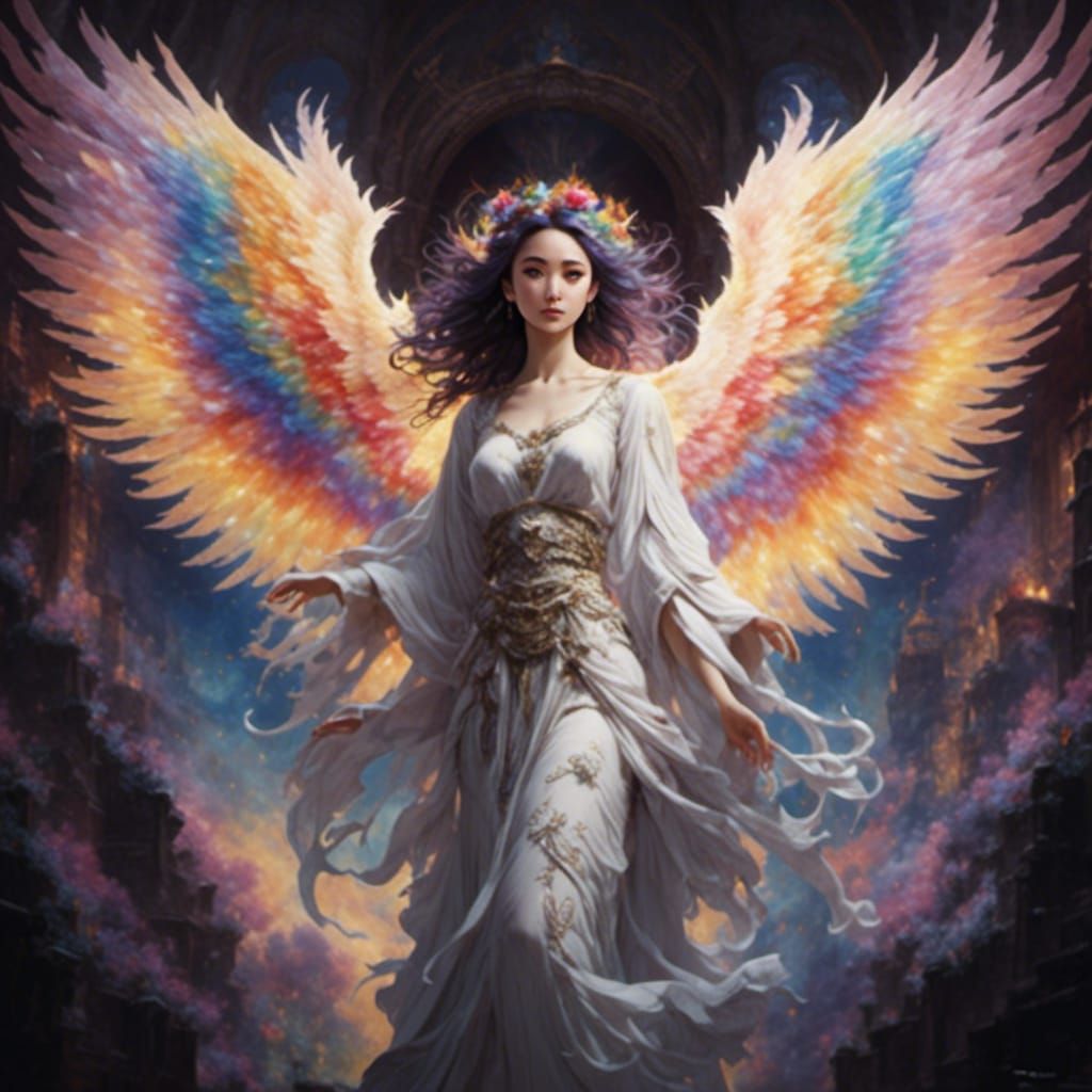 Anime Angel with Polychromatic Wings and Hair