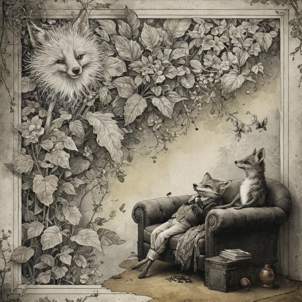 Whimsical Fox and Mouse on an Enigmatic Couch