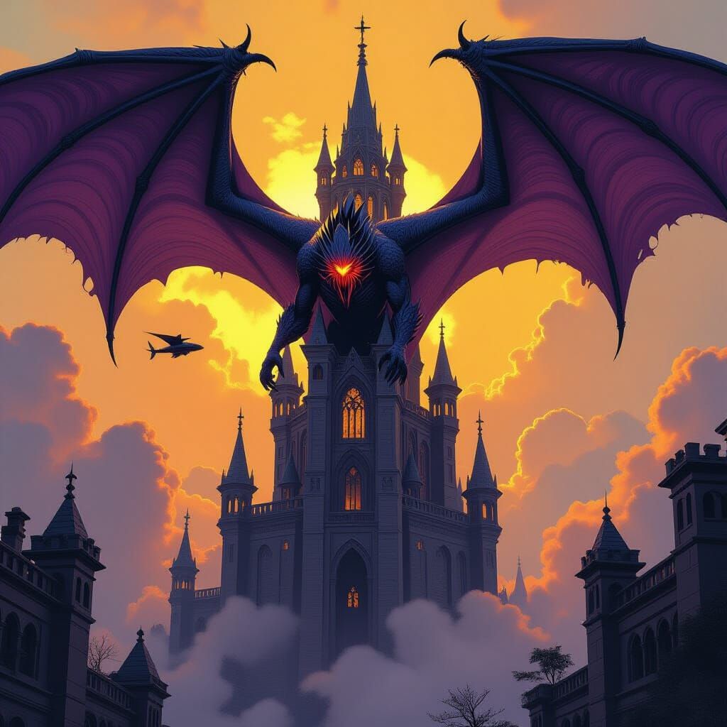 Helicopter Crashes Into Dragon Tower in Dark Fantasy Style