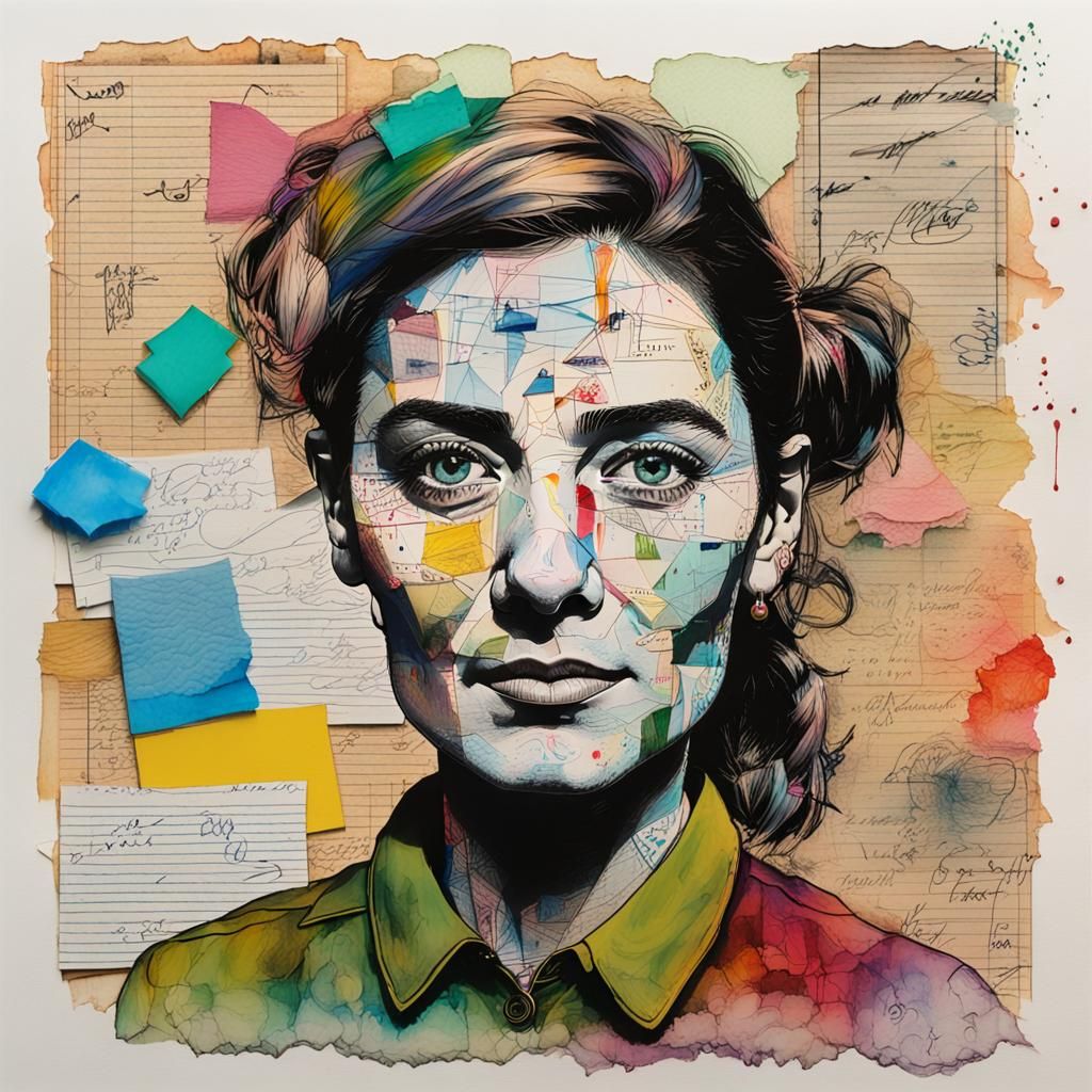 Eccentric Waitress Portrait in Mixed Media Collage