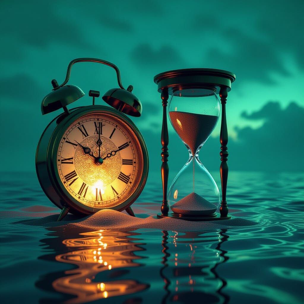 Melting Clock and Sandglass in Eerie Indigo Water