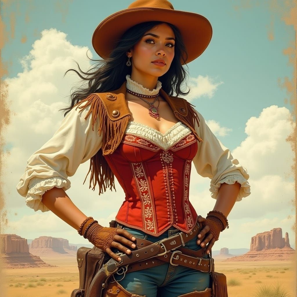 Latina Cowgirl in Red Corset and Fringed Vest, 1880s Western...