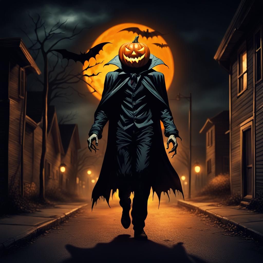 Menacing Jack-O-Lantern Vampire Stalks Dark Streets