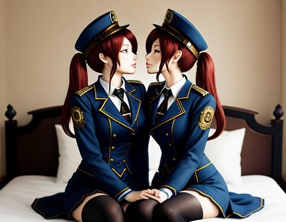 Steampunk Anime Twins Kissing in Bedroom