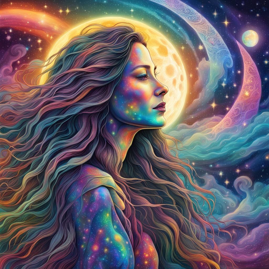 Woman Howling at Moon in Holographic Astral Art
