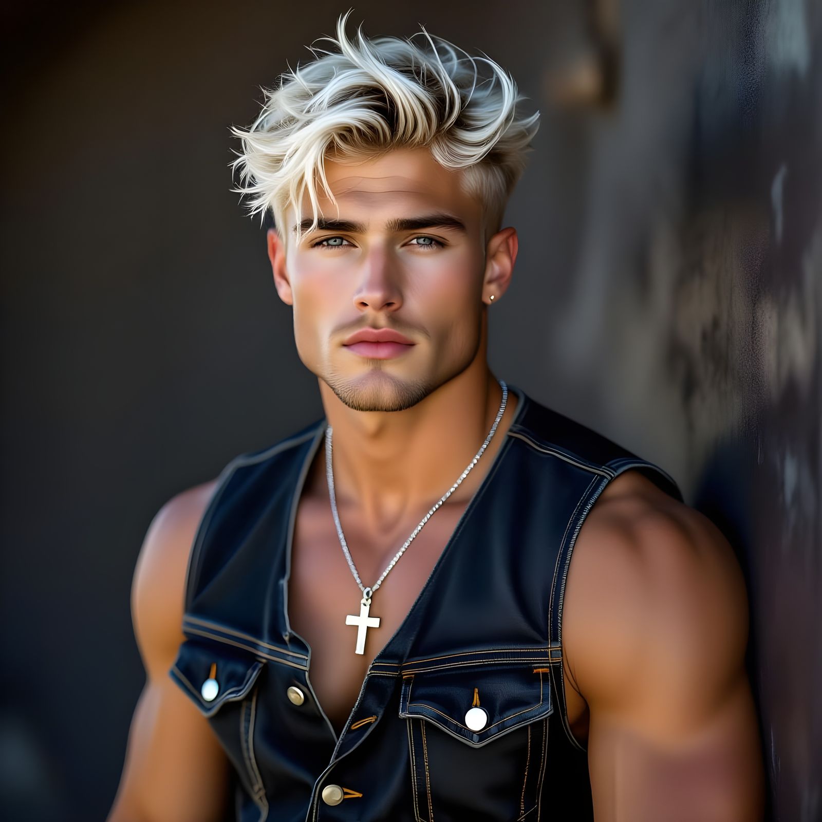 Muscular Blond Man in Denim Vest Portrait