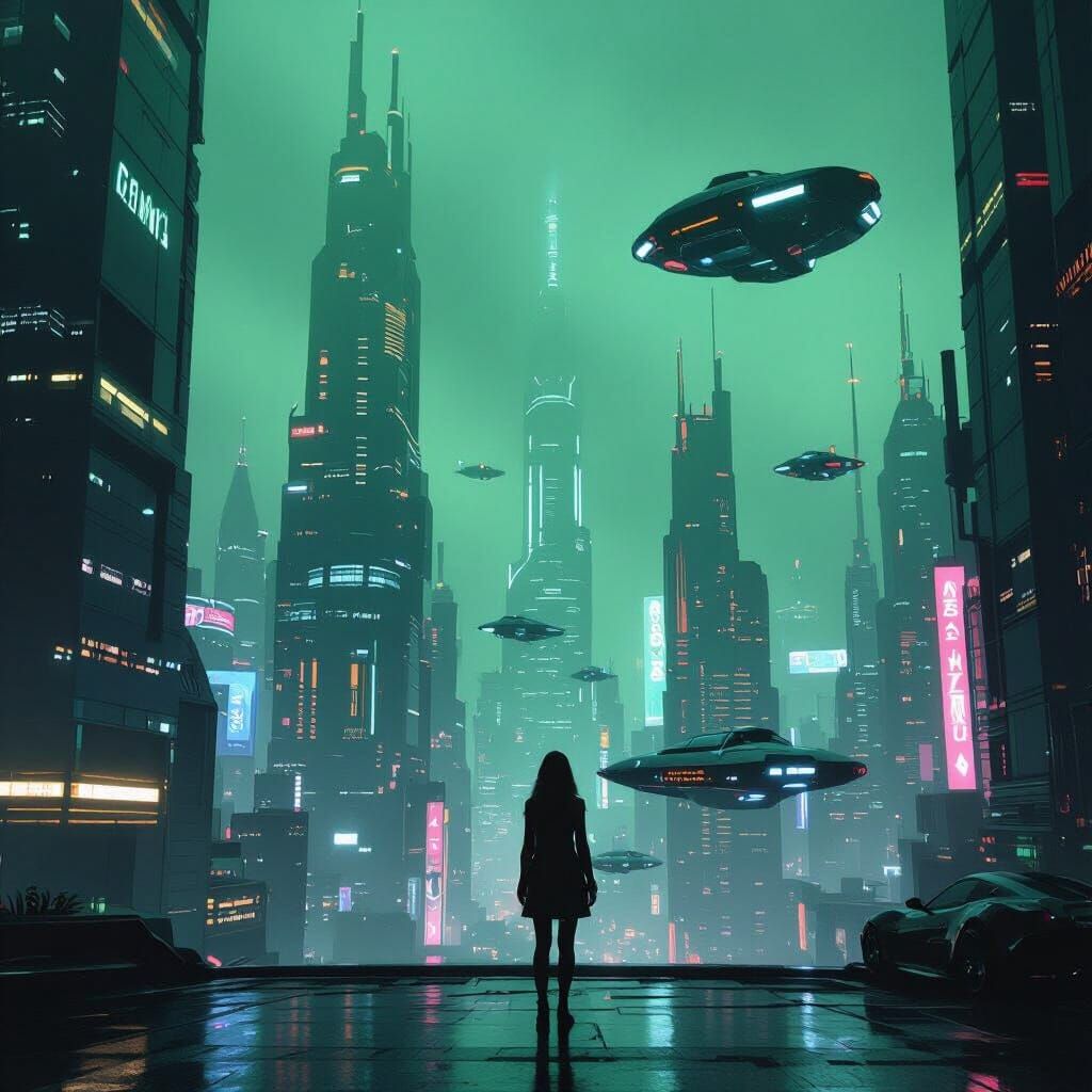 Neon Cityscape with Woman in Cyberpunk Style
