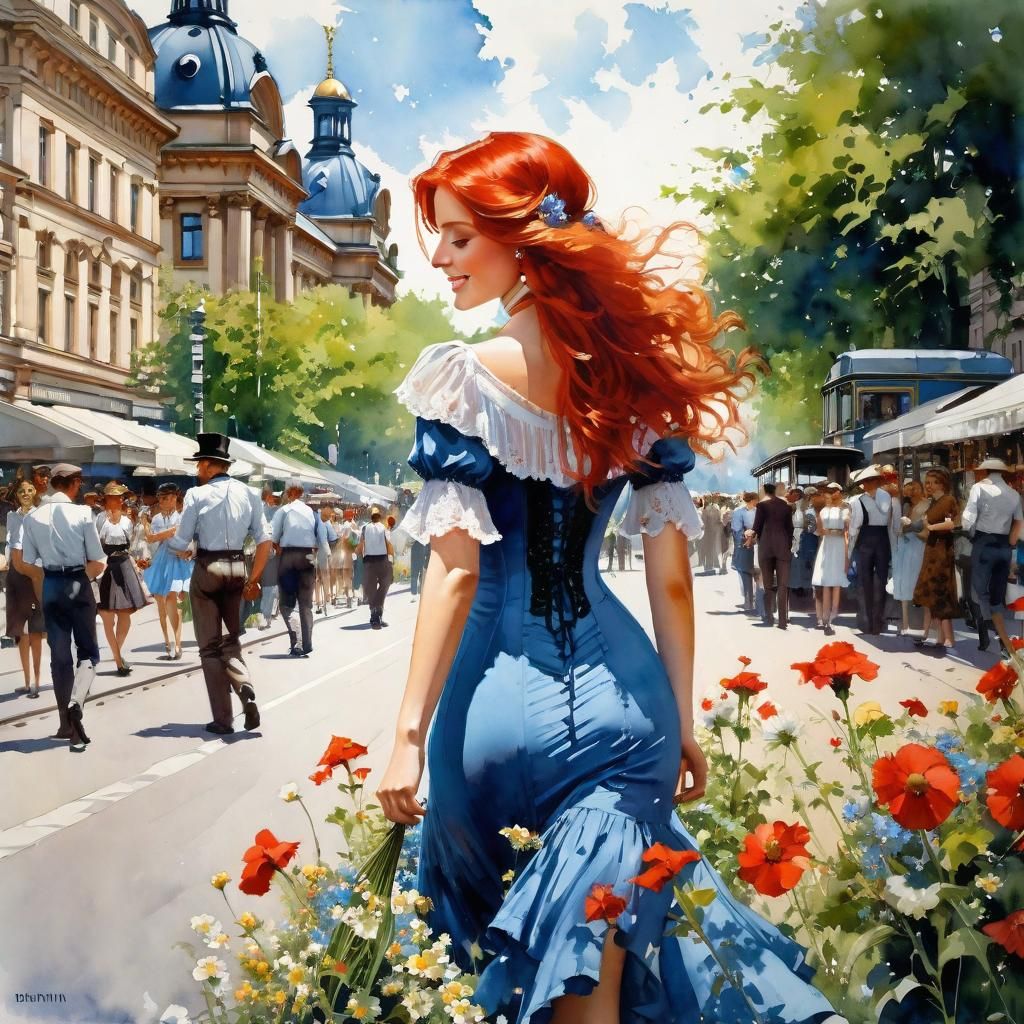 Happy Redhead in Victorian Dress on Berlin Street