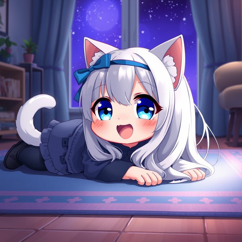 Kawaii Catgirl Enjoys Nighttime on a Sparkling Blue Rug