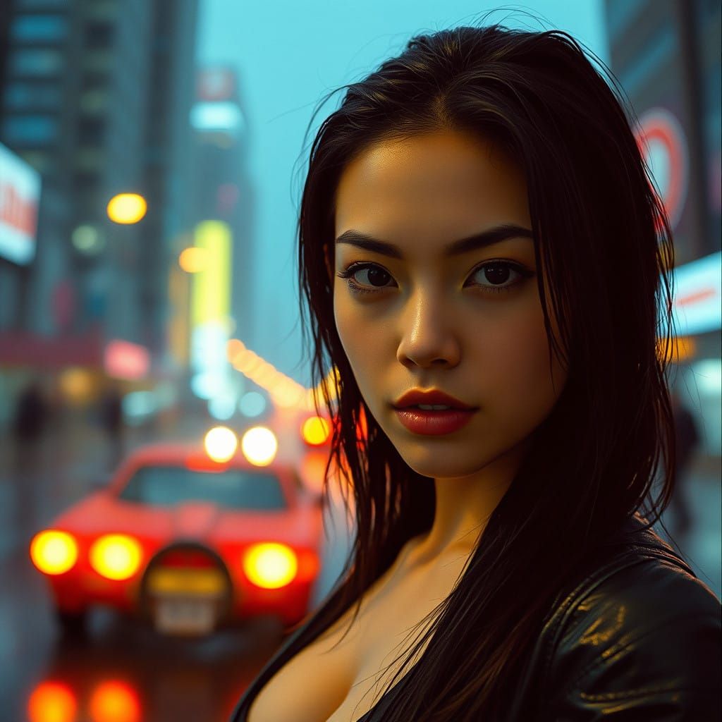 Moody Cyberpunk Woman in Rainy City Streets at Night