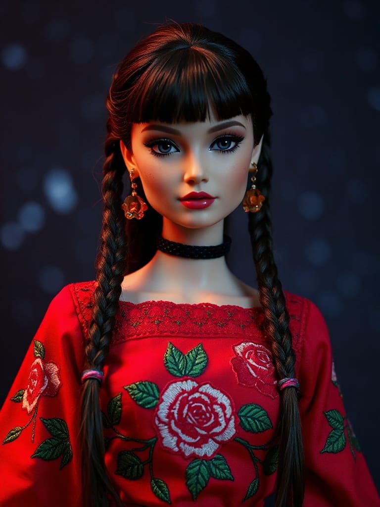Goth-ish Russian Barbie Doll with Red Rose Embroidery