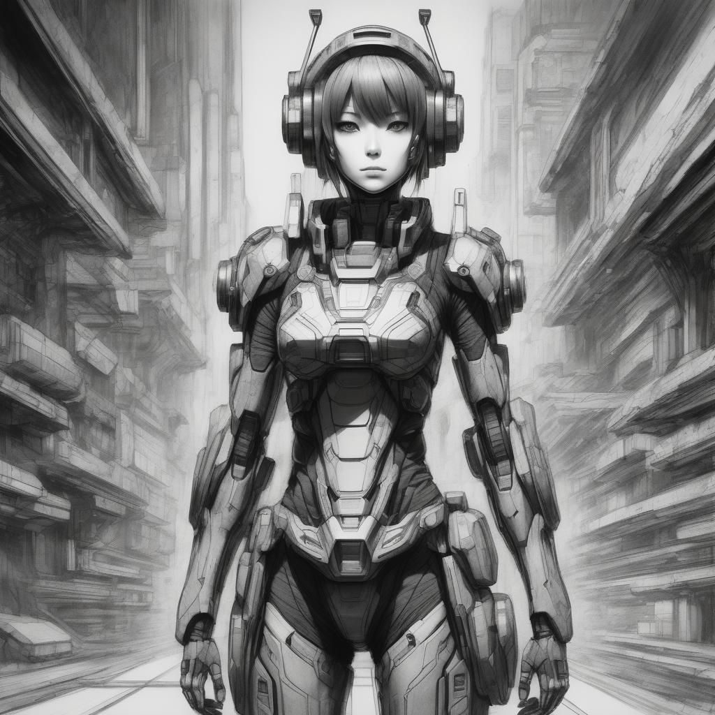 Detailed Sci-Fi Anime Girl Charcoal Drawing