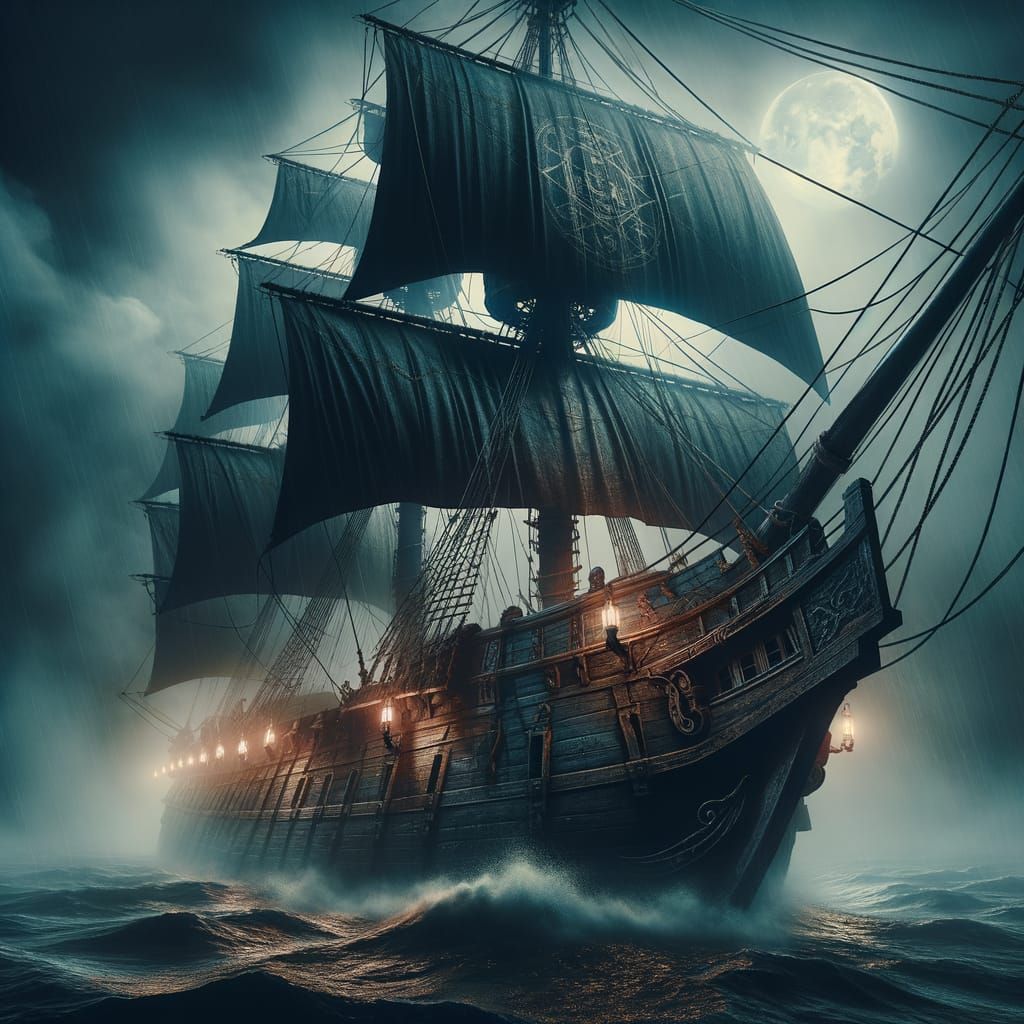 Mysterious Black Pearl Pirate Ship Rises from Night Fog