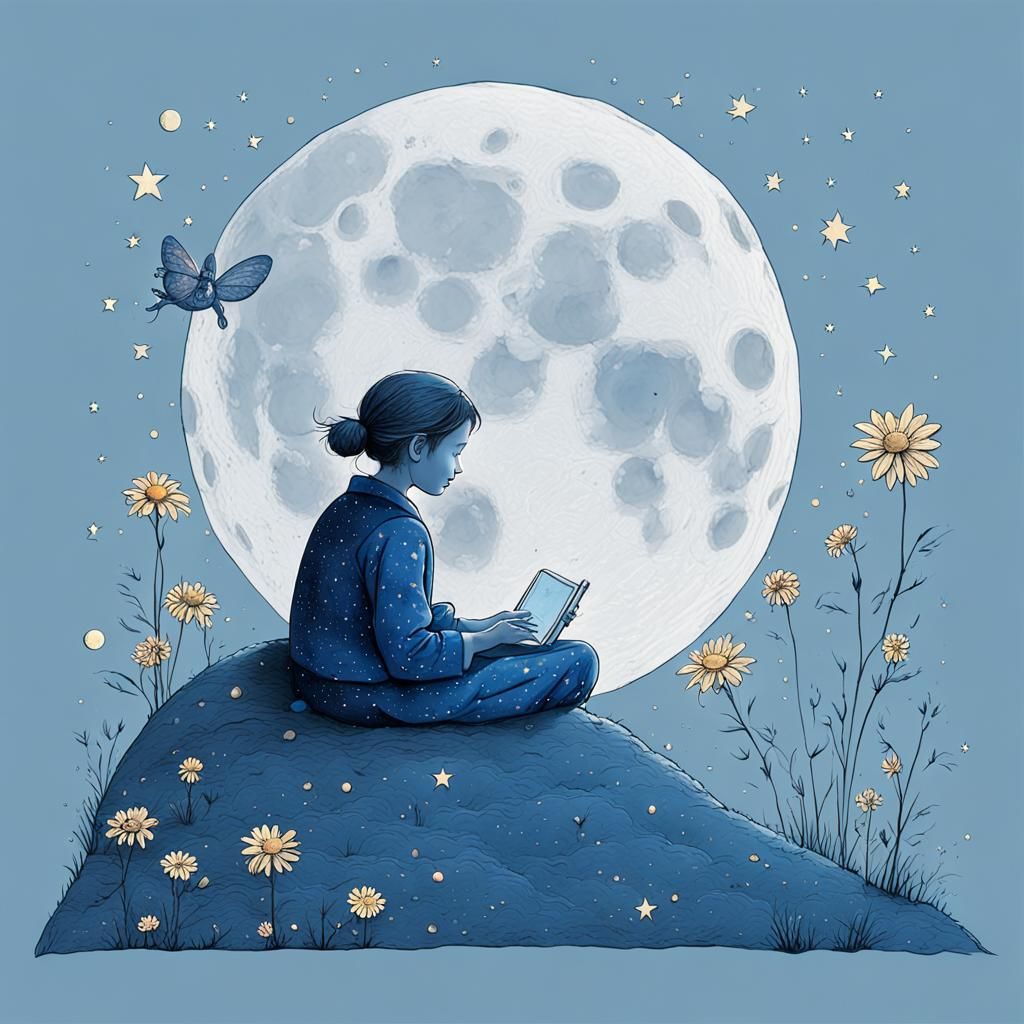 Blue Fairy Fishing on the Moon