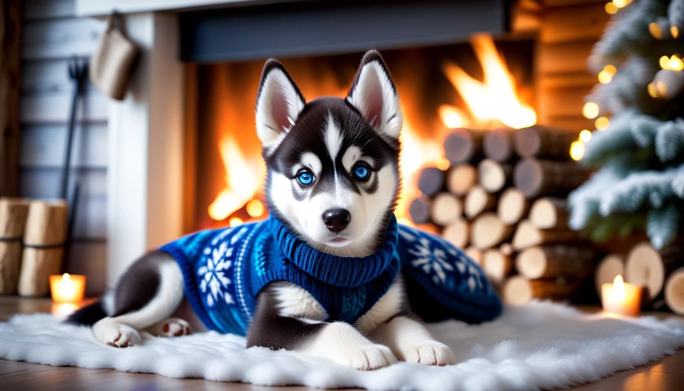 Cute Husky Puppy Lounging by Fireplace