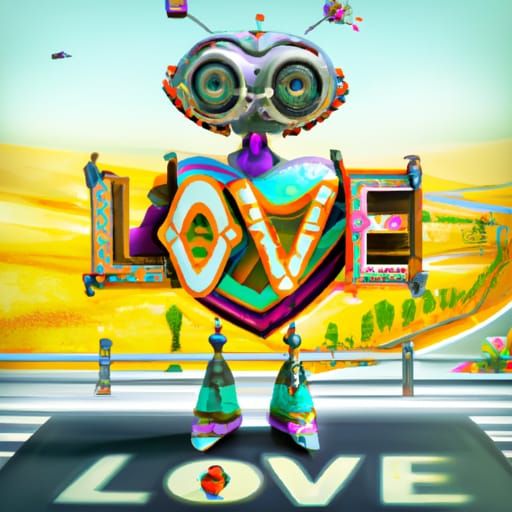 Ornate Robot Holds Love Sign on Highway