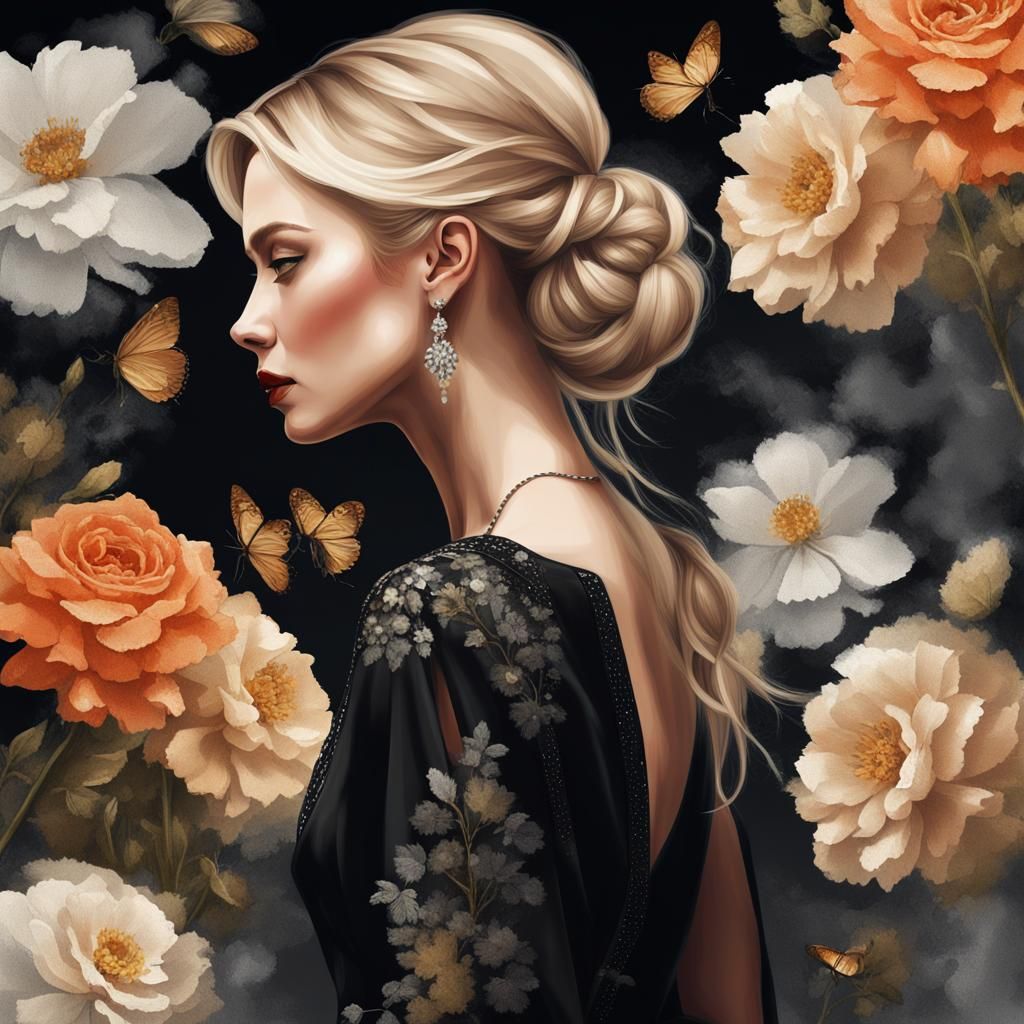 Elegant Blonde Woman in Black Dress: Photorealistic Art