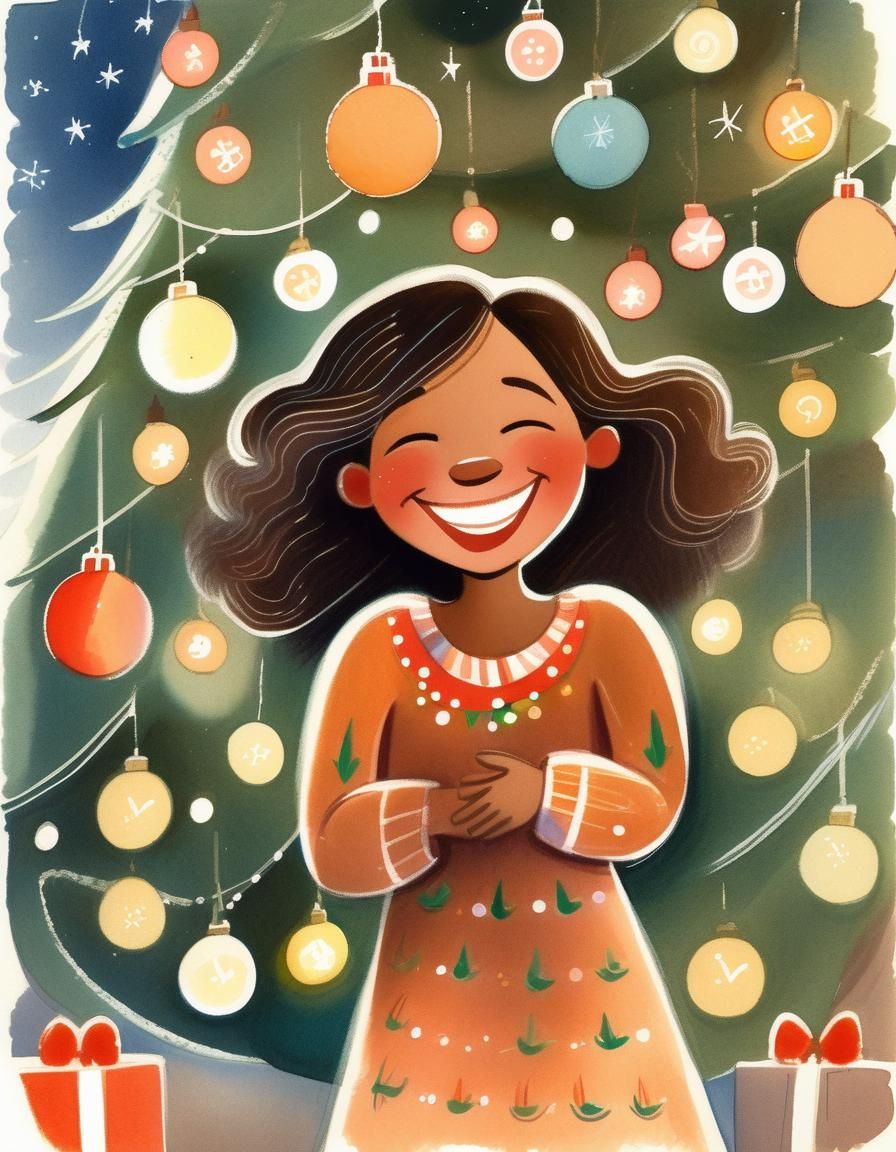 Woman's Joyful Christmas Moment in Watercolor