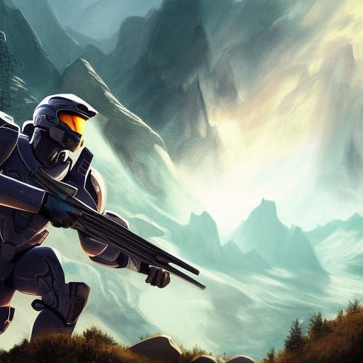 Hyperrealistic Halo Spartan in Mountain Landscape