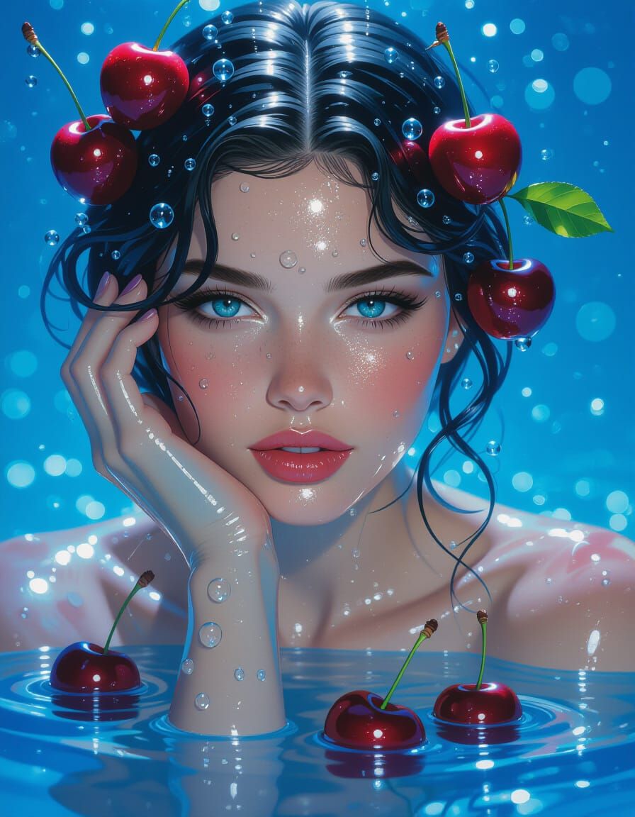 Aquatic Glass Woman with Crystal Cherries, Digital Art