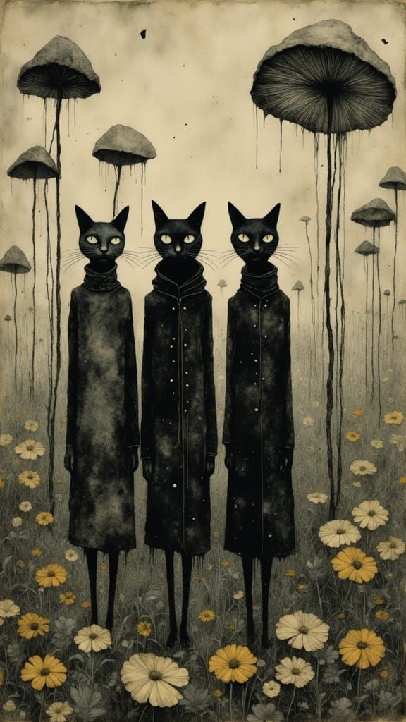 Tall Black Cats in Velvet Coats Amidst Psychedelic Mushrooms