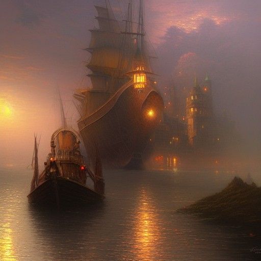 Steampunk Boat on Misty Waters Oil Painting