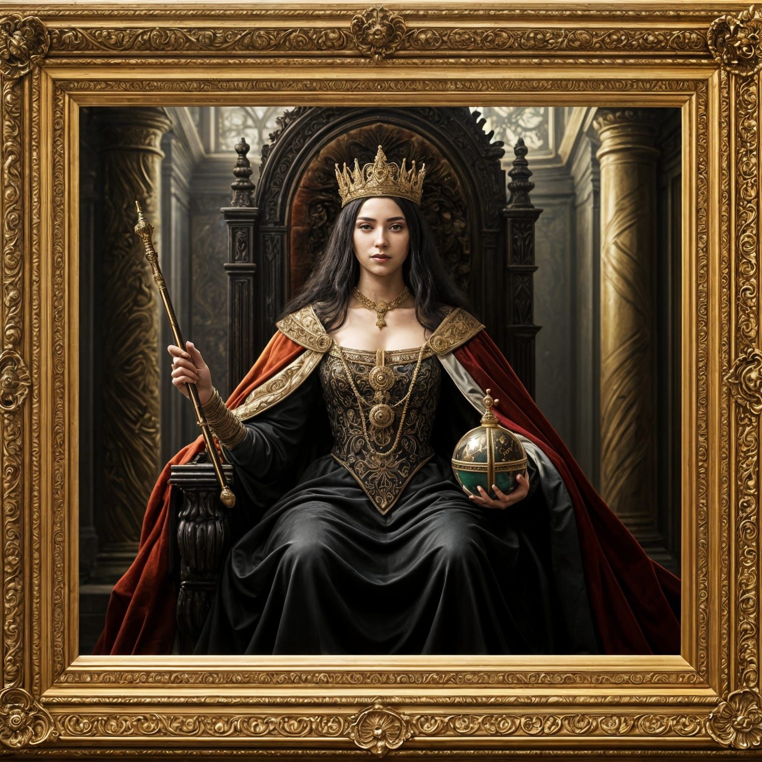 Young Empress on Ebony Throne: Maximalist Oil Painting