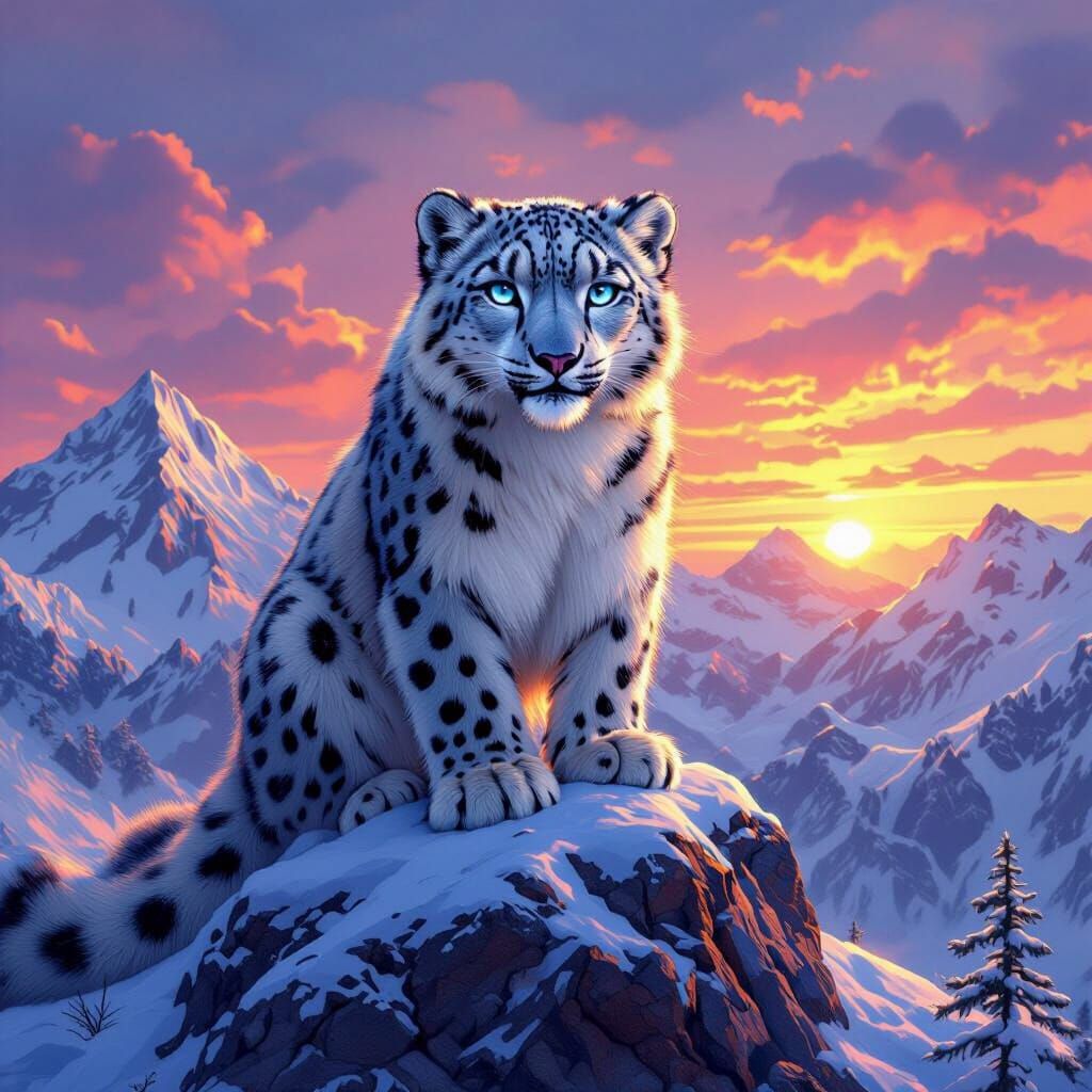 Snow Leopard at Sunset: Digital Painting in Vibrant Colors