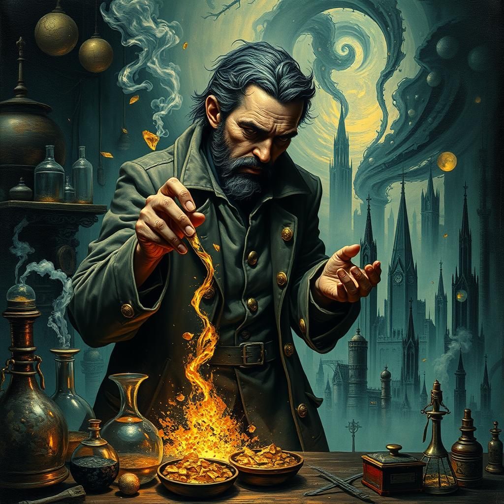 Alchemist Transmuting Lead into Gold in Impasto Style