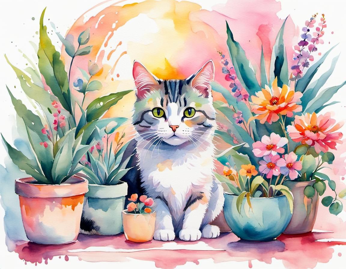 Cat between colorful houseplants