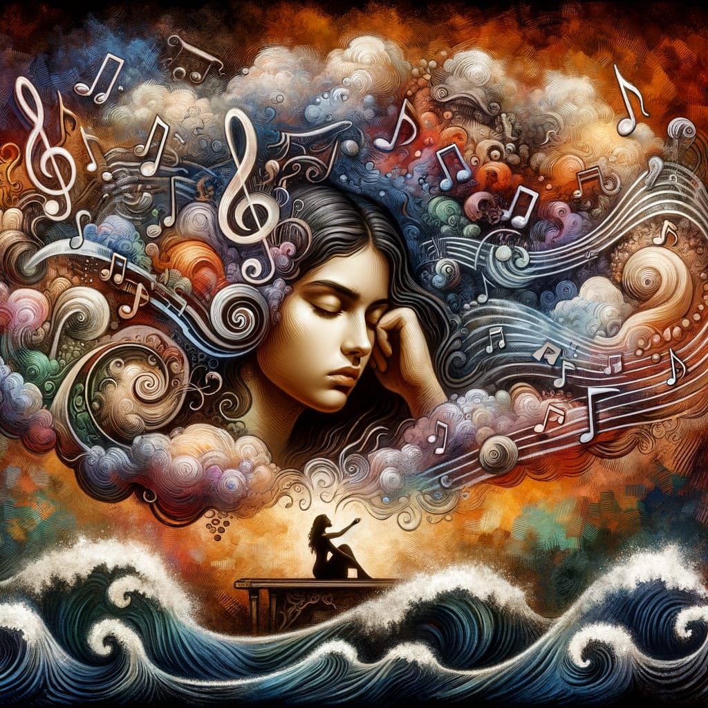 Hispanic Woman's Musical Mind in Surreal Art Style