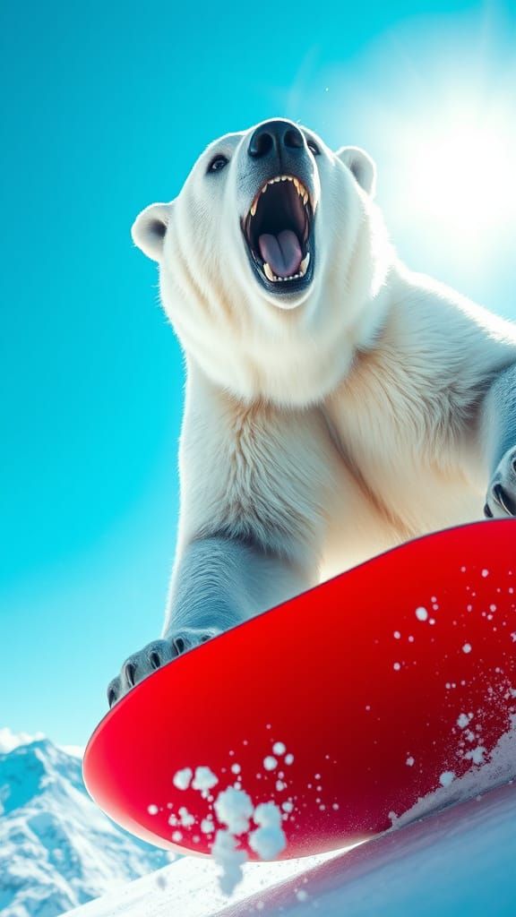 Polar Bear Snowboarding in Vibrant Digital Art