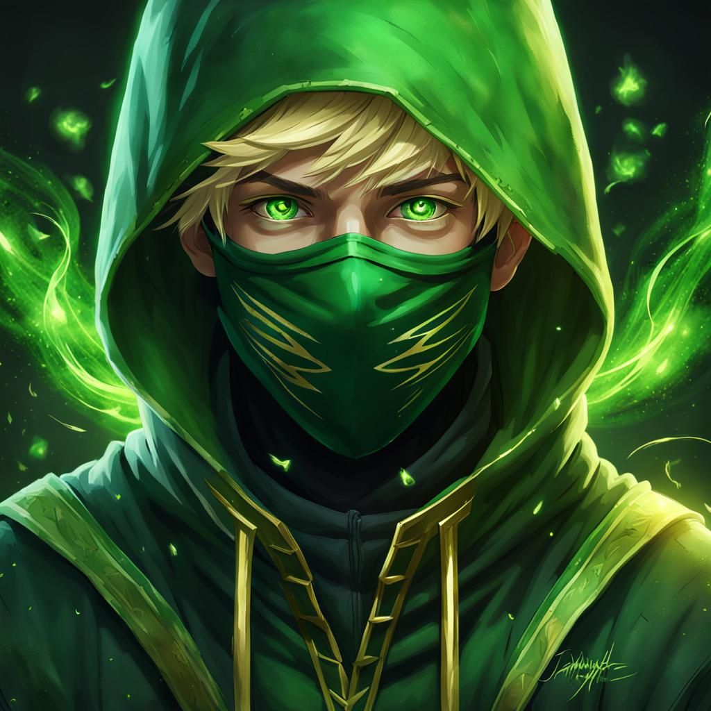 Teen Ninja Portrait with Green Energy, Watercolor Style