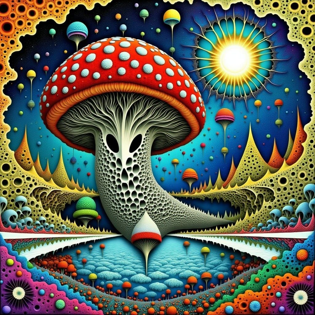 Kawaii Mushroom Ascends Comet in Cosmic Vibe