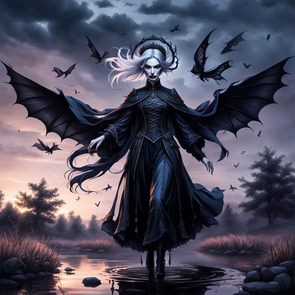 Gothic Banshee Over Pond at Dusk