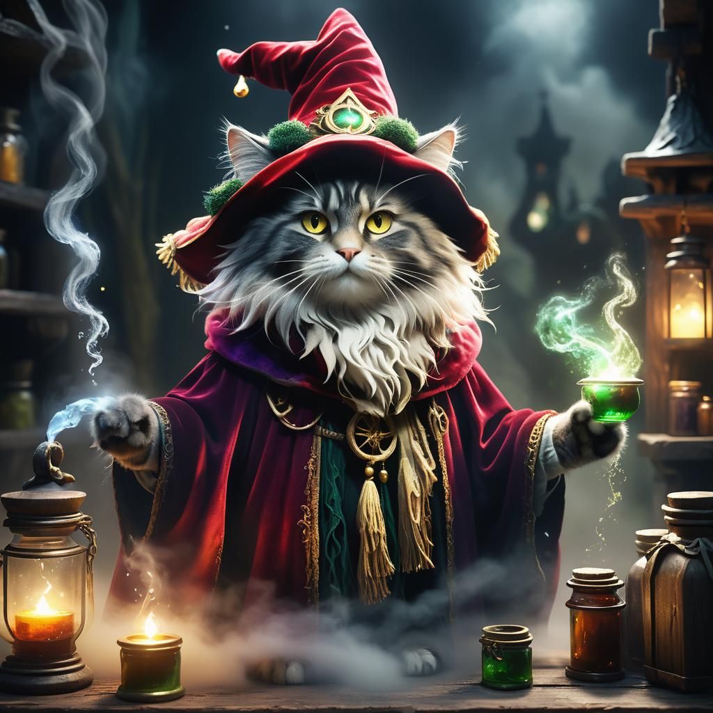 Magical Cat Brews Potions in Mystical Forest